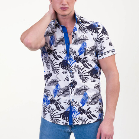 Short Sleeve Button Up Shirt // Blue + White Tropical (S)