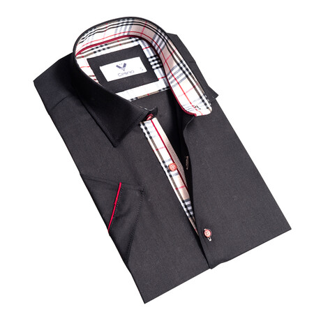 Short Sleeve Button Up Shirt // Jet Black + Red (S)