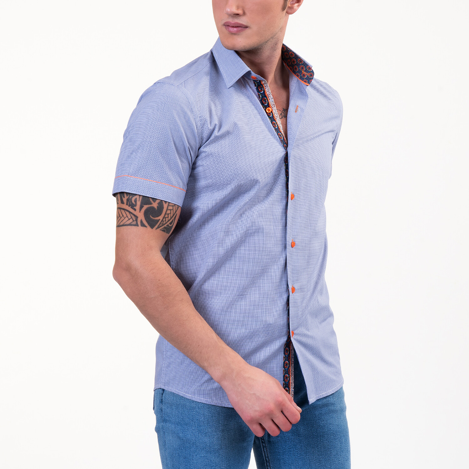 Short Sleeve Button Up Shirt // Light Blue + Orange (L) - Celino Short ...