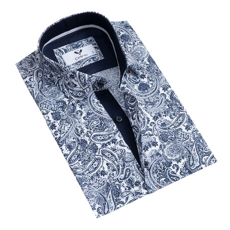 Andy Short Sleeve Button Up Shirt // White + Navy Blue Paisley (S)
