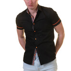 Short Sleeve Button Up Shirt // Solid Black + Floral (M)