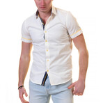 Short Sleeve Button Up Shirt // Off-White + Black + Blue Floral (4XL)