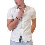 Short Sleeve Button Up Shirt // Off-White + Black + Blue Floral (L)