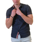 Short Sleeve Button Up Shirt // Navy Blue + Red Paisley (XL)