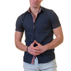 Short Sleeve Button Up Shirt // Navy Blue + Red Paisley (M)