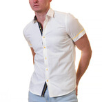 Short Sleeve Button Up Shirt // Off-White + Black + Blue Floral (L)