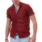 Short Sleeve Button Up Shirt // Solid Burgundy + Blue + Tan Pattern (M)