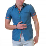 Quinn Short Sleeve Button Up Shirt // Aqua Blue + Floral (L)