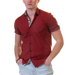Short Sleeve Button Up Shirt // Solid Burgundy + Blue + Tan Pattern (XL)