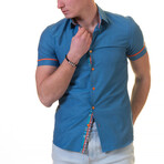 Quinn Short Sleeve Button Up Shirt // Aqua Blue + Floral (L)