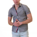 Short Sleeve Button Up Shirt // Light Gray + Pink Paisley (S)