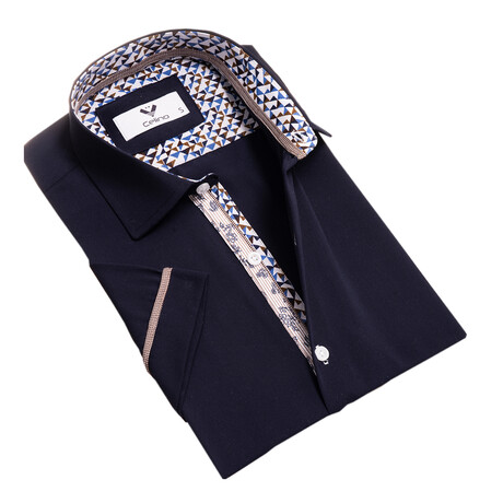 Short Sleeve Button Up Shirt // Solid Midnight Blue + Orange + Tan Pattern (S)