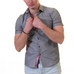 Short Sleeve Button Up Shirt // Light Gray + Pink Paisley (L)