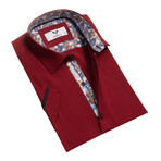 Short Sleeve Button Up Shirt // Solid Burgundy + Blue + Tan Pattern (4XL)