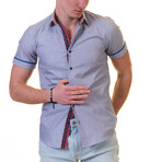 Short Sleeve Button Up Shirt // Bluish-Purple + Colorful Dots (4XL)