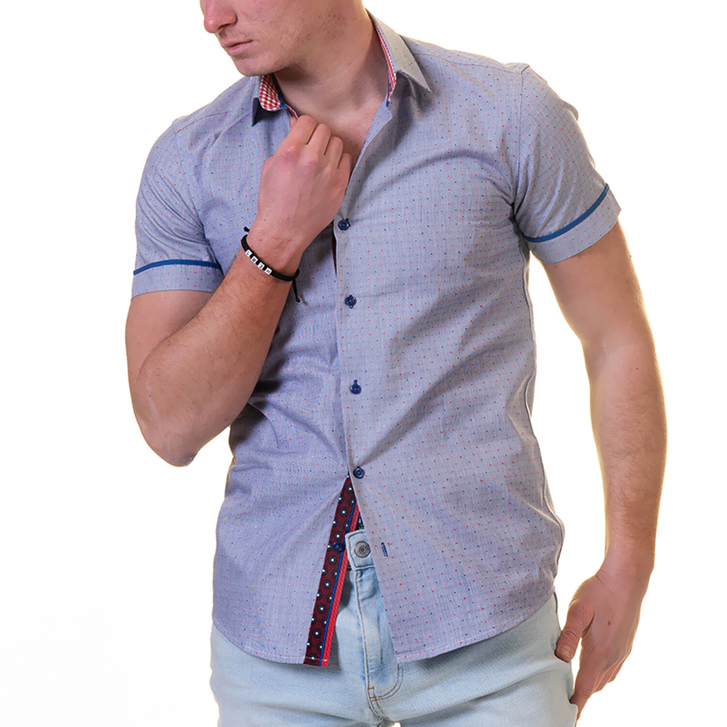 Short Sleeve Button Up Shirt // Bluish-Purple + Colorful Dots (XL ...
