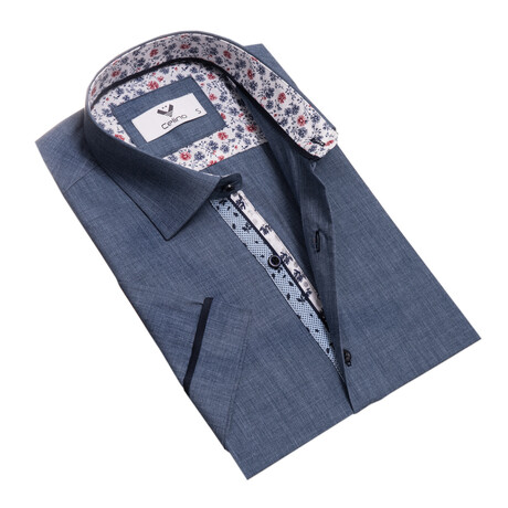 Short Sleeve Button Up Shirt // Denim Blue + Floral (S)