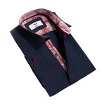 Short Sleeve Button Up Shirt // Navy Blue + Red Paisley (L)