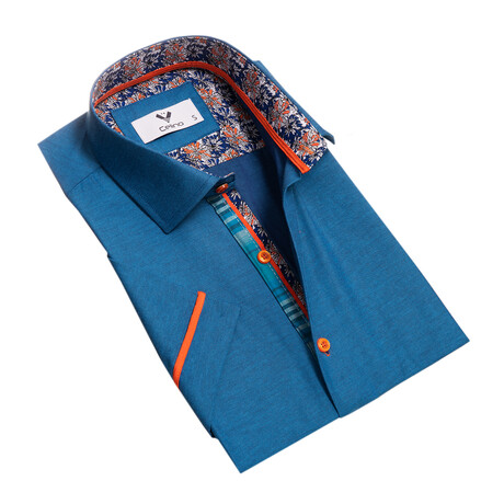 Short Sleeve Button Up Shirt // Aqua Blue + Floral (S)