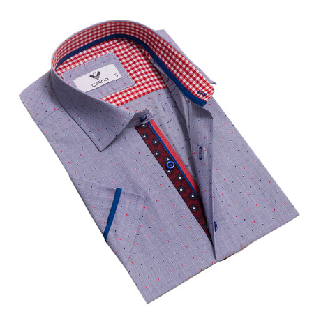 Short Sleeve Button Up Shirt // Bluish-Purple + Colorful Dots (S)