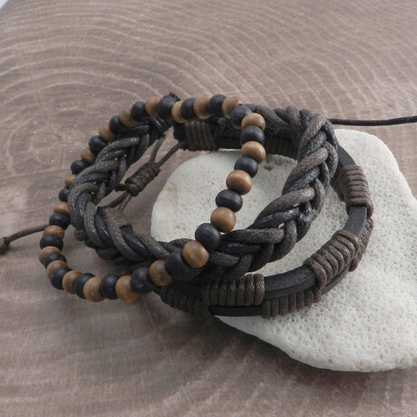Rope Sliders + Wood Beaded Bracelets Set // Set of 3 (Black)