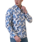 Shades of Blue Tropical Reversible Cuff Long-Sleeve Button-Down Shirt // Blue (L)