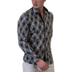 Greek Pattern Reversible Cuff Long-Sleeve Button-Down Shirt // Black + White (S)