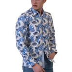 Shades of Blue Tropical Reversible Cuff Long-Sleeve Button-Down Shirt // Blue (5XL)