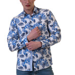 Shades of Blue Tropical Reversible Cuff Long-Sleeve Button-Down Shirt // Blue (5XL)