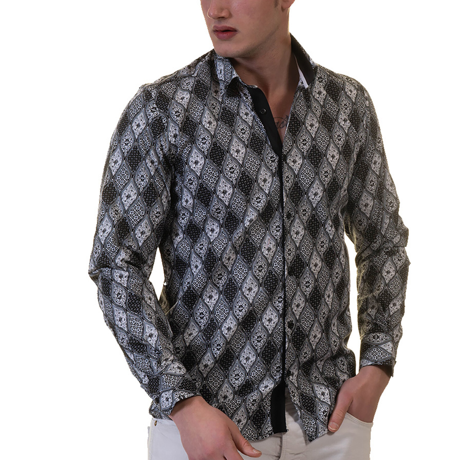Greek Pattern Reversible Cuff Long-Sleeve Button-Down Shirt // Black ...
