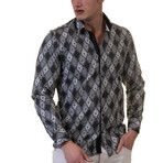 Greek Pattern Reversible Cuff Long-Sleeve Button-Down Shirt // Black + White (4XL)