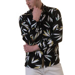 Leaves Reversible Cuff Long-Sleeve Button-Down Shirt // Black + Multicolor (S)