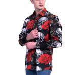 Skulls Reversible Cuff Long-Sleeve Button-Down Shirt // Black + Red + White (XL)