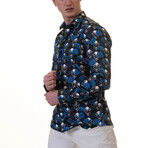 Skulls Reversible Cuff Long-Sleeve Button-Down Shirt // Black + White + Blue (L)