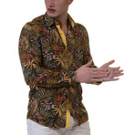 Leaves Reversible Cuff Long-Sleeve Button-Down Shirt // Black + Yellow + Multicolor (S)