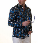 Skulls Reversible Cuff Long-Sleeve Button-Down Shirt // Black + White + Blue (3XL)