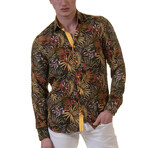 Leaves Reversible Cuff Long-Sleeve Button-Down Shirt // Black + Yellow + Multicolor (XL)