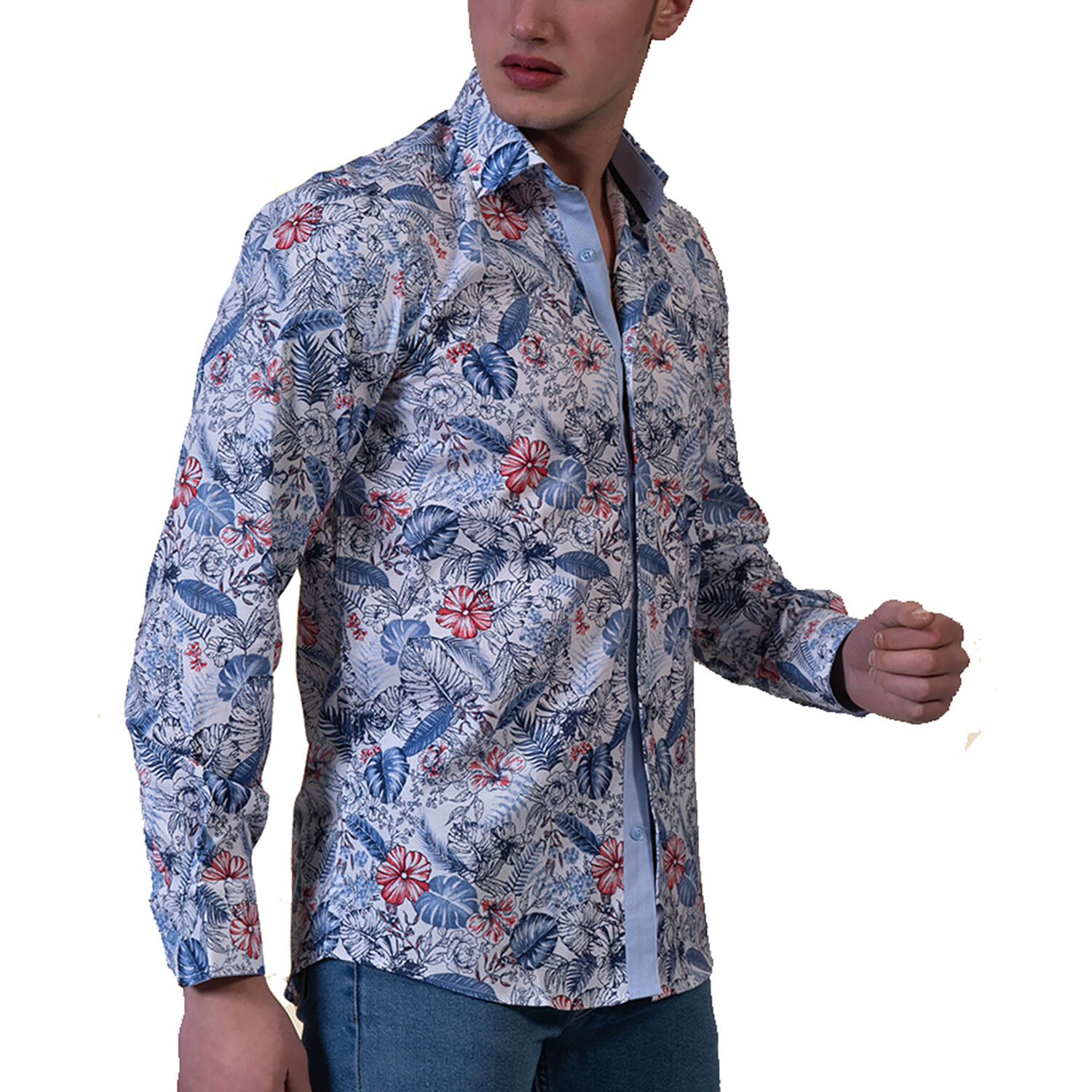 Floral Reversible Cuff Long-Sleeve Button-Down Shirt // White + Blue ...