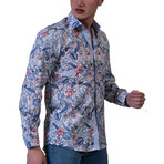 Floral Reversible Cuff Long-Sleeve Button-Down Shirt // White + Blue + Red (5XL)