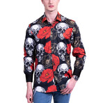 Skulls Reversible Cuff Long-Sleeve Button-Down Shirt // Black + Red + White (L)