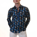 Skulls Reversible Cuff Long-Sleeve Button-Down Shirt // Black + White + Blue (S)