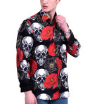 Skulls Reversible Cuff Long-Sleeve Button-Down Shirt // Black + Red + White (XS)