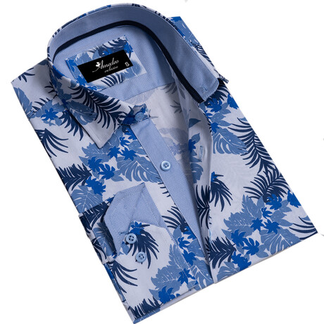 Shades of Blue Tropical Reversible Cuff Long-Sleeve Button-Down Shirt // Blue (S)