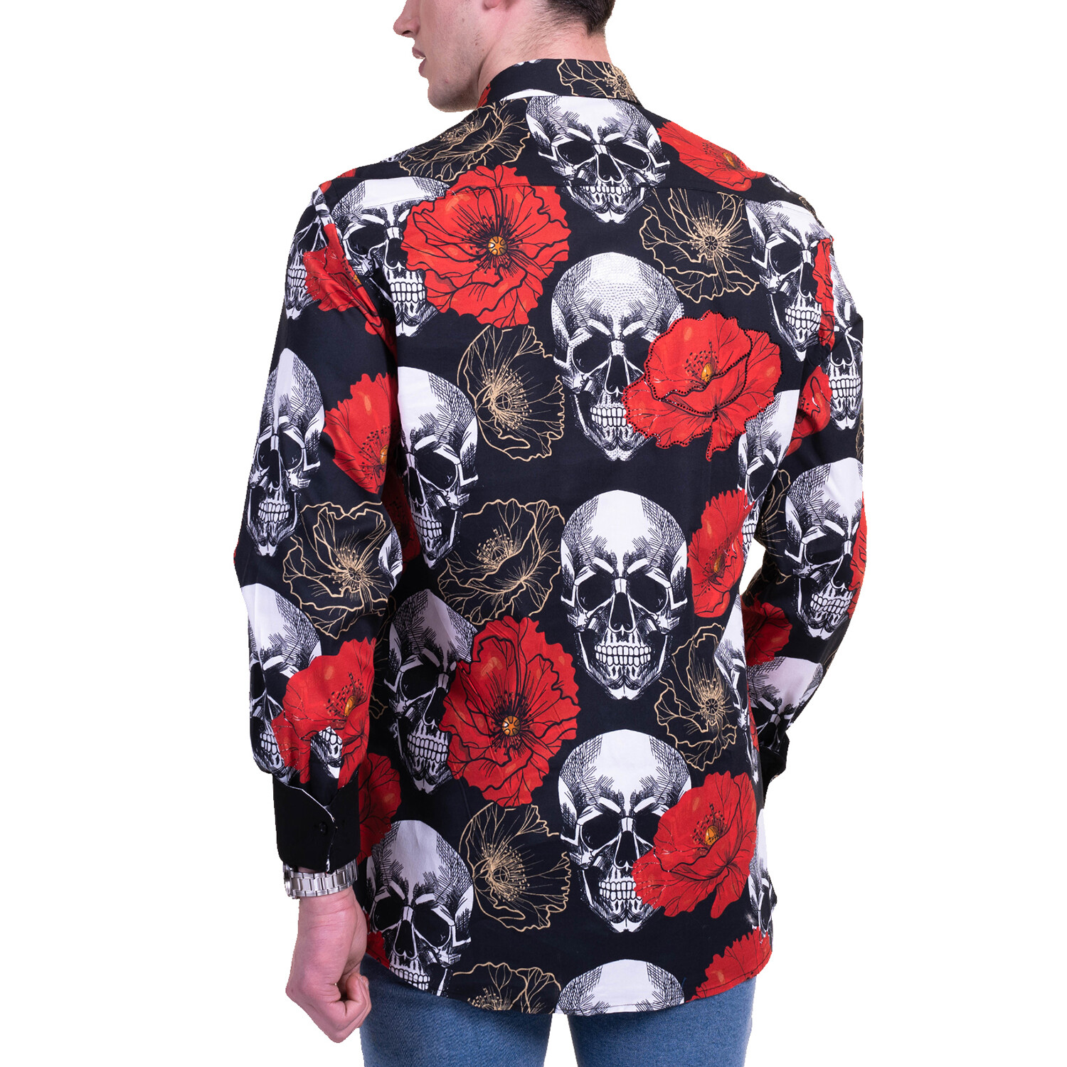 Skulls Reversible Cuff Long-Sleeve Button-Down Shirt // Black + Red ...