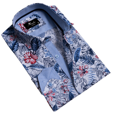Floral Reversible Cuff Long-Sleeve Button-Down Shirt // White + Blue + Red (5XL)