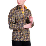 Greek Key Reversible Cuff Long-Sleeve Button-Down Shirt // Black + Gold (3XL)