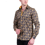 Greek Key Reversible Cuff Long-Sleeve Button-Down Shirt // Black + Gold (L)