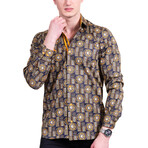 Greek Key Reversible Cuff Long-Sleeve Button-Down Shirt // Black + Gold (L)