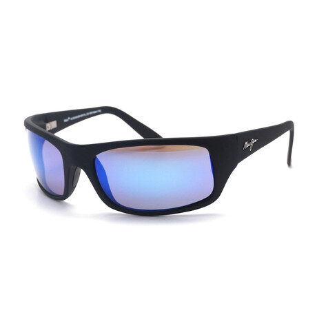 Maui Jim // Men's Peahi Polarized Mirror Wrap Sunglasses // Matte Black + Blue Hawaii