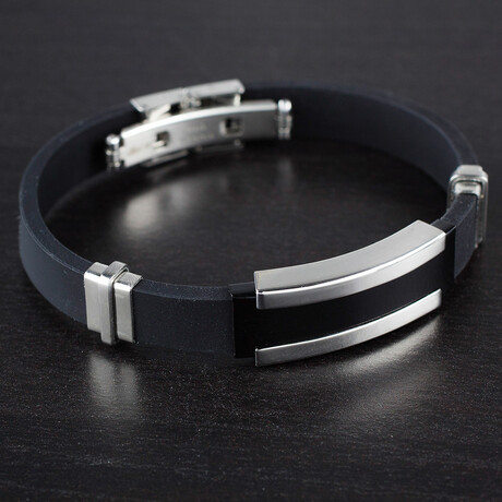 Two Tone Stainless Steel Plate + Rubber Cuff Bracelet // 8"